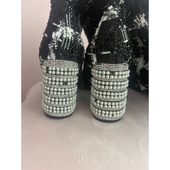Betsey Johnson Plaid Tweed Over The Knee Boots Pearl Rhinestone Heel Black White - Picture 4 of 10